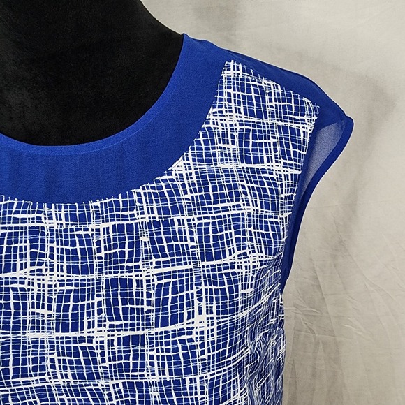 HALOGEN Size Small Japanese Grid Print Round Neck Cap Sleeve Chiffon Work Blouse - Picture 7 of 10